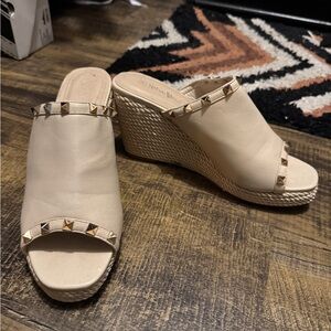 Beige Wedge Sandals with Gold Studs